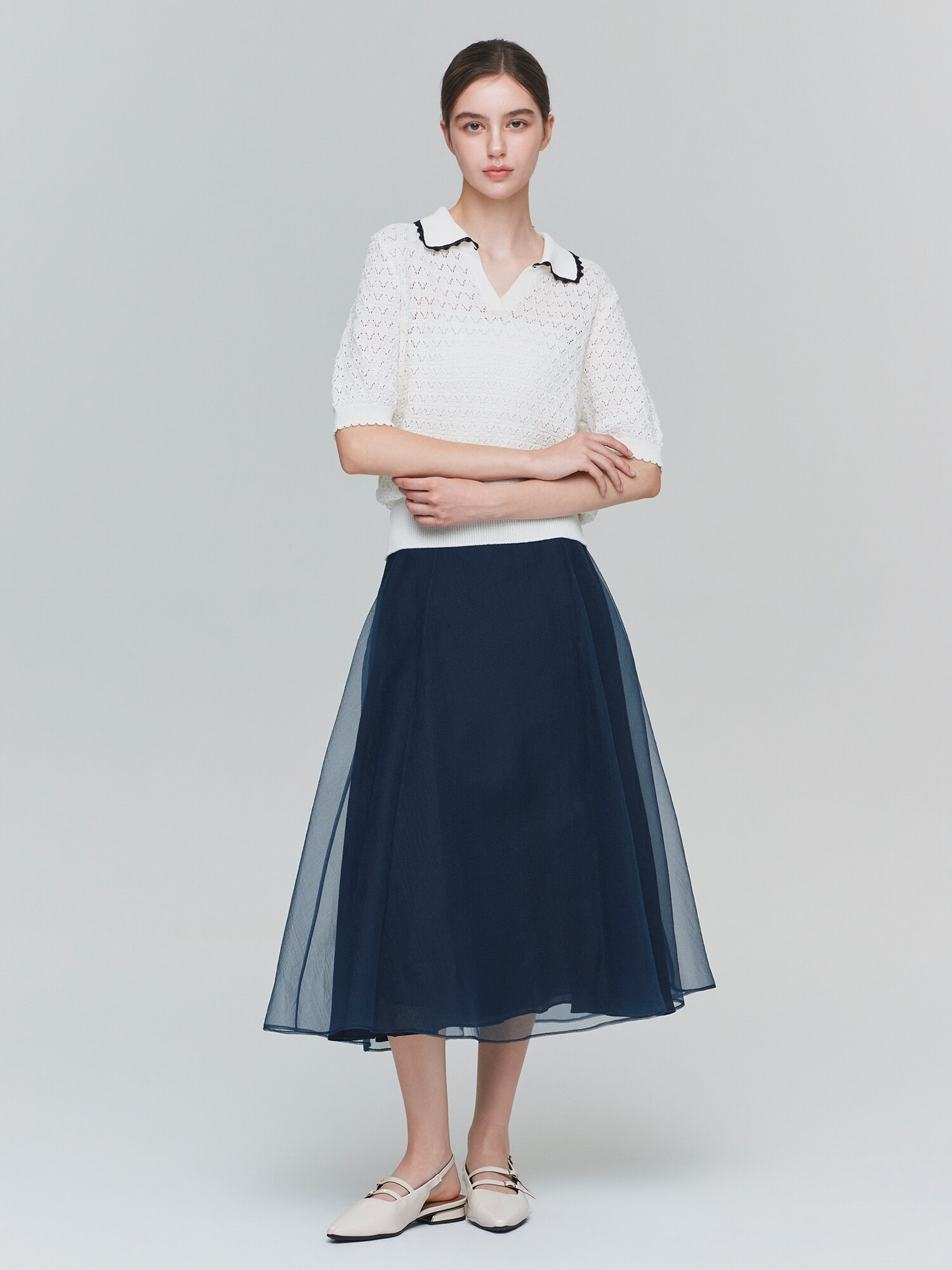 오간자 레이어 플레어 스커트 (NAVY)