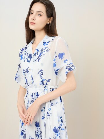 플로럴 플리츠 벨티드 롱 원피스 