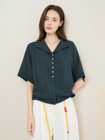 오픈 칼라 원 턱 블라우스 