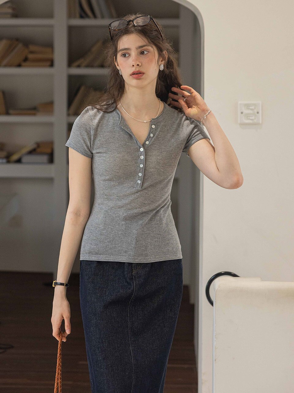 DA_Casual henley collar top_2color
