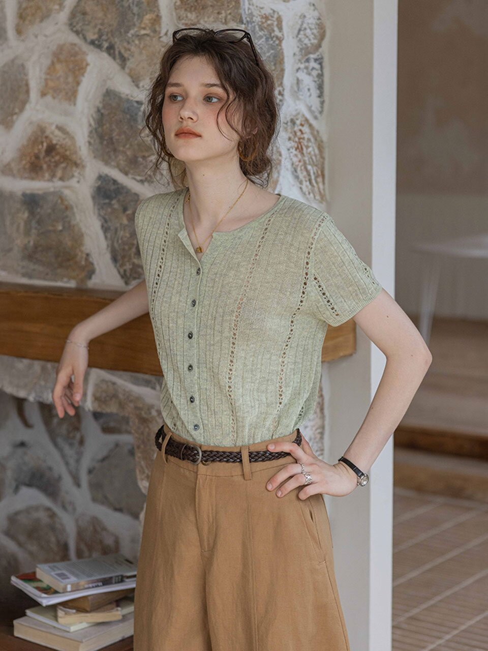 DA_Groove strip hollow knit top