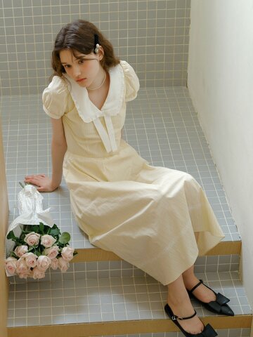 Cest_Bow lapel puff sleeve dress