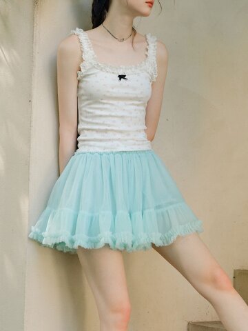 Cest_Mesh ruffle mini skirt
