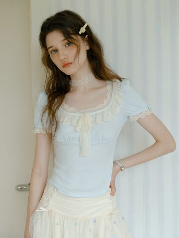 Cest_Lace ribbon puff sleeve blouse