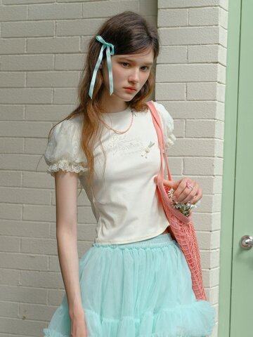 Cest_Rhinestone lace puff sleeve top