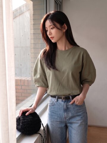 코튼 로고 자수 스티치 티셔츠 