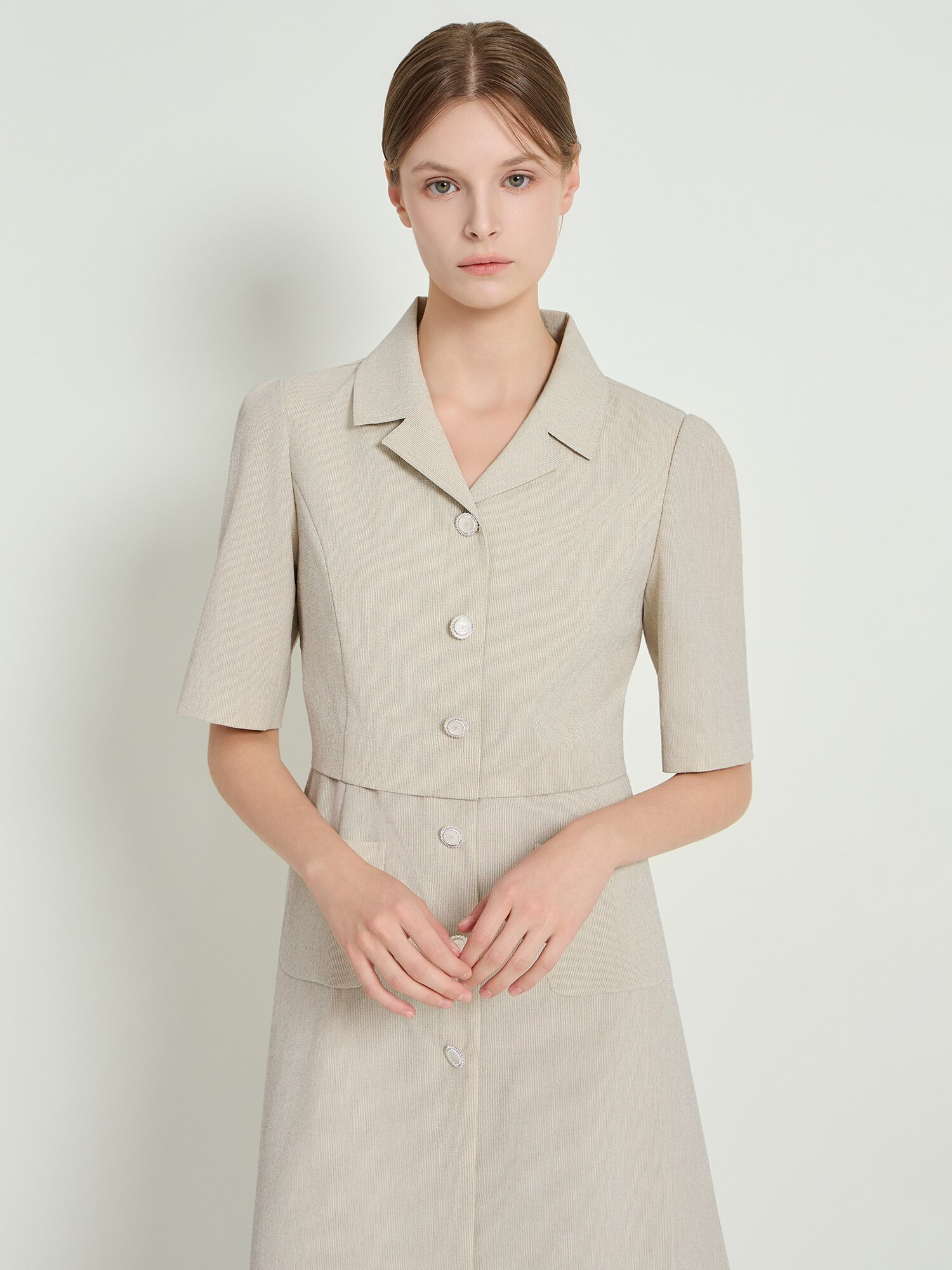 오픈 칼라 재킷 A라인 원피스 (MELANGE BEIGE)