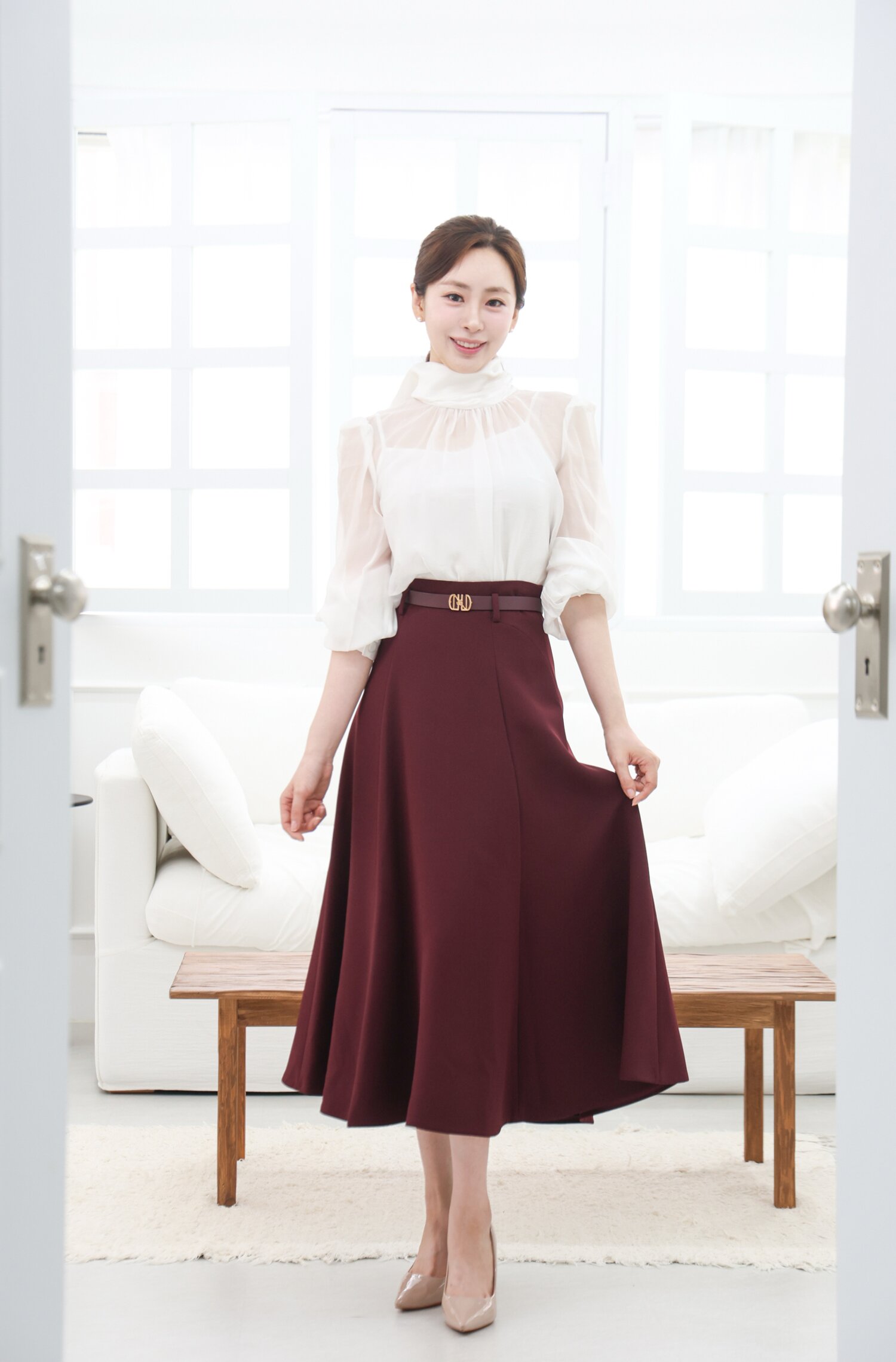 벨티드 페미닌 플레어 스커트 (BURGUNDY)