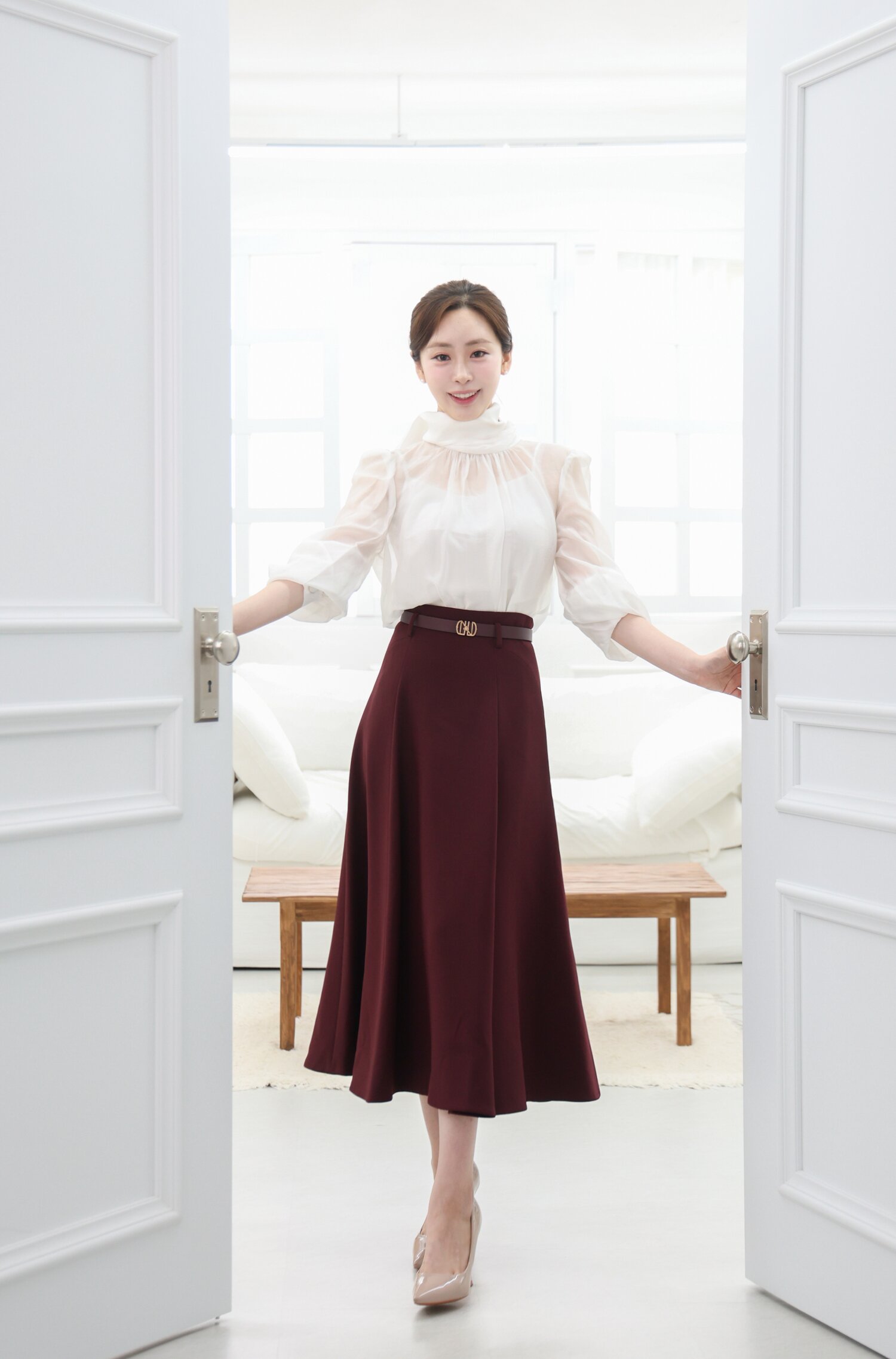 벨티드 페미닌 플레어 스커트 (BURGUNDY)