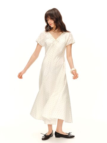 AR_Dot drawstring v-neck dress
