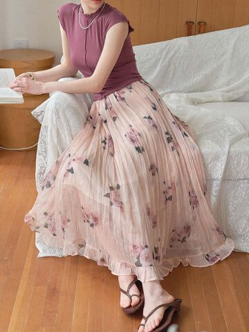 SR_Print pleated pink floral skirt