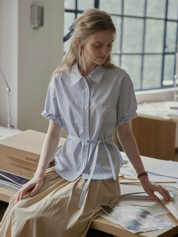 PM_Belted pinstripe short sleeve shirt