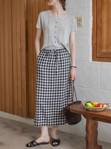 DA_Plaid length straight skirt