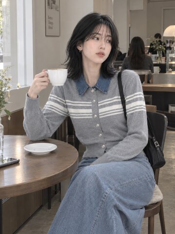 데님 칼라 스트라이프 니트 가디건 