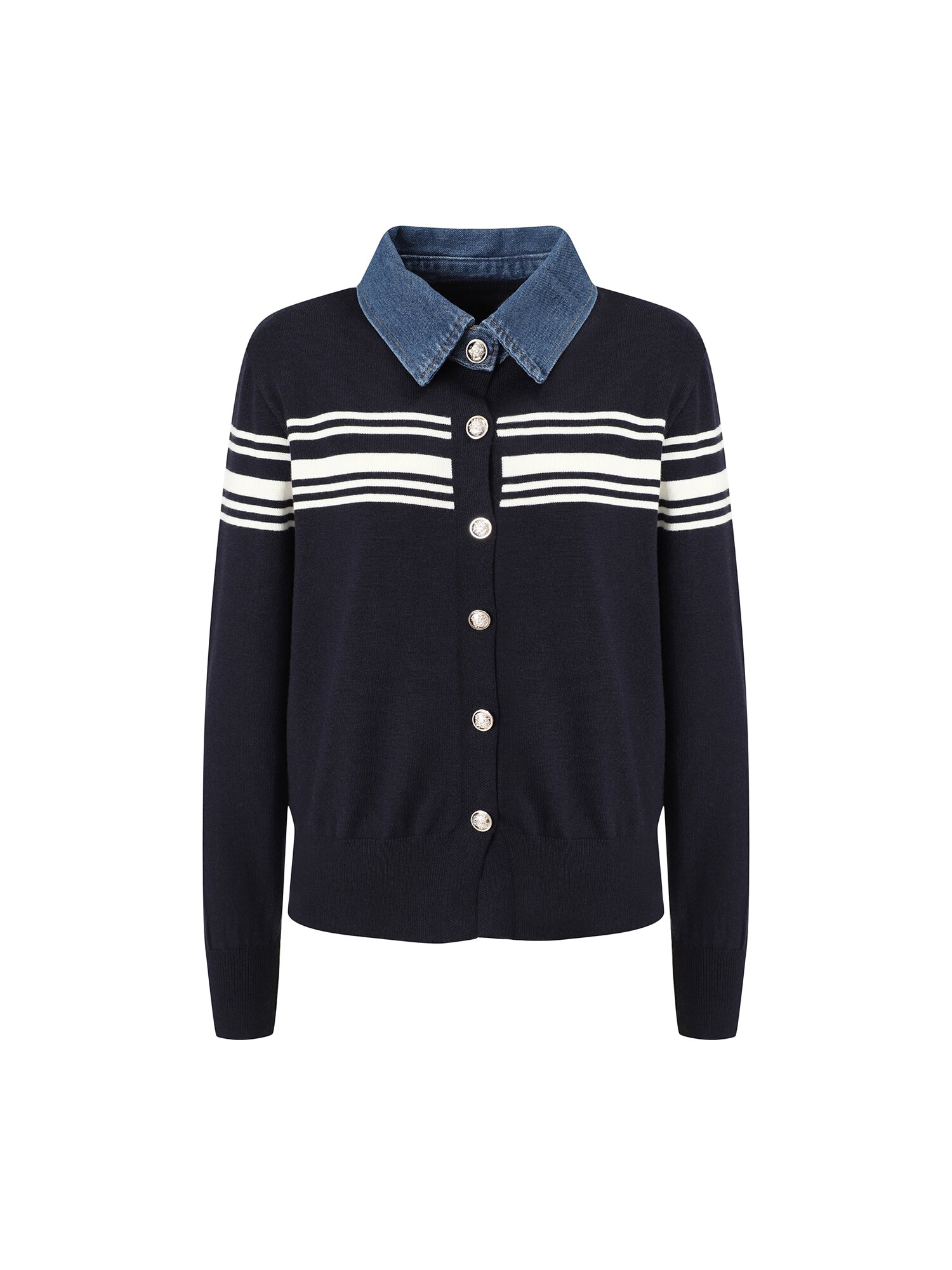 데님 칼라 스트라이프 니트 가디건 (NAVY)