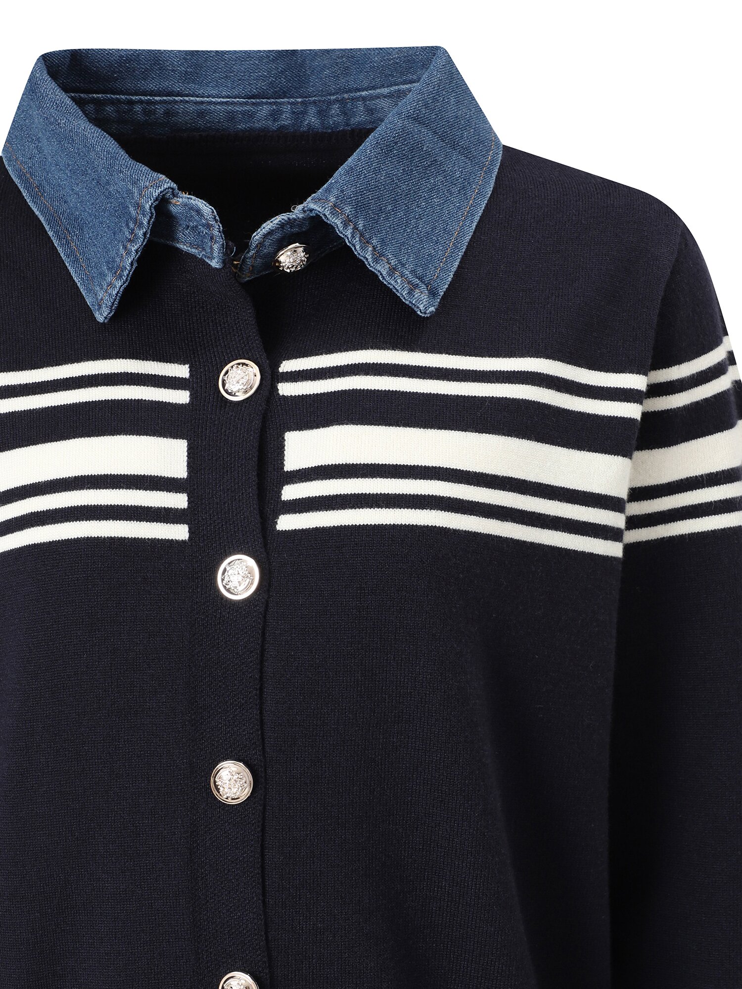 데님 칼라 스트라이프 니트 가디건 (NAVY)