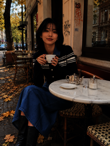 데님 칼라 스트라이프 니트 가디건 