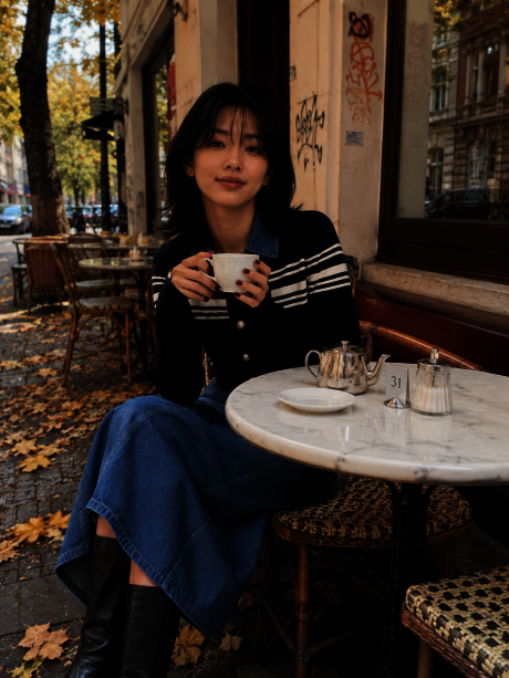 데님 칼라 스트라이프 니트 가디건 