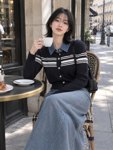데님 칼라 스트라이프 니트 가디건 