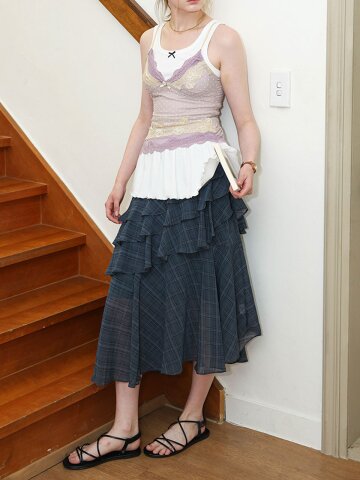 DD_Ruffle flare check skirt_NAVY