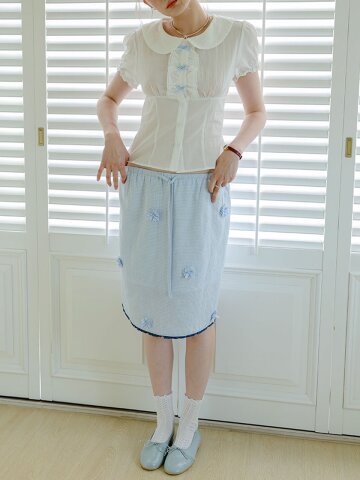 Cest_Blue check flower bow skirt