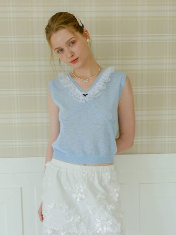 Cest_Lace trim v-neck knit vest_BLUE