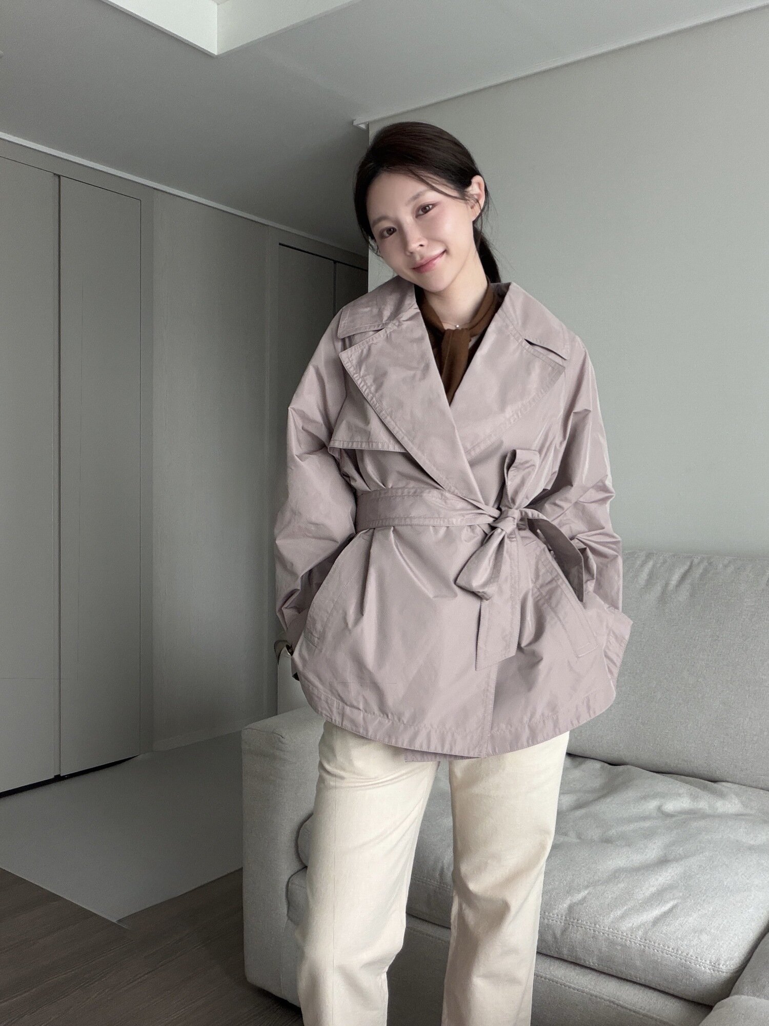 와이드 칼라 하프 트렌치 코트 (DARK BEIGE)