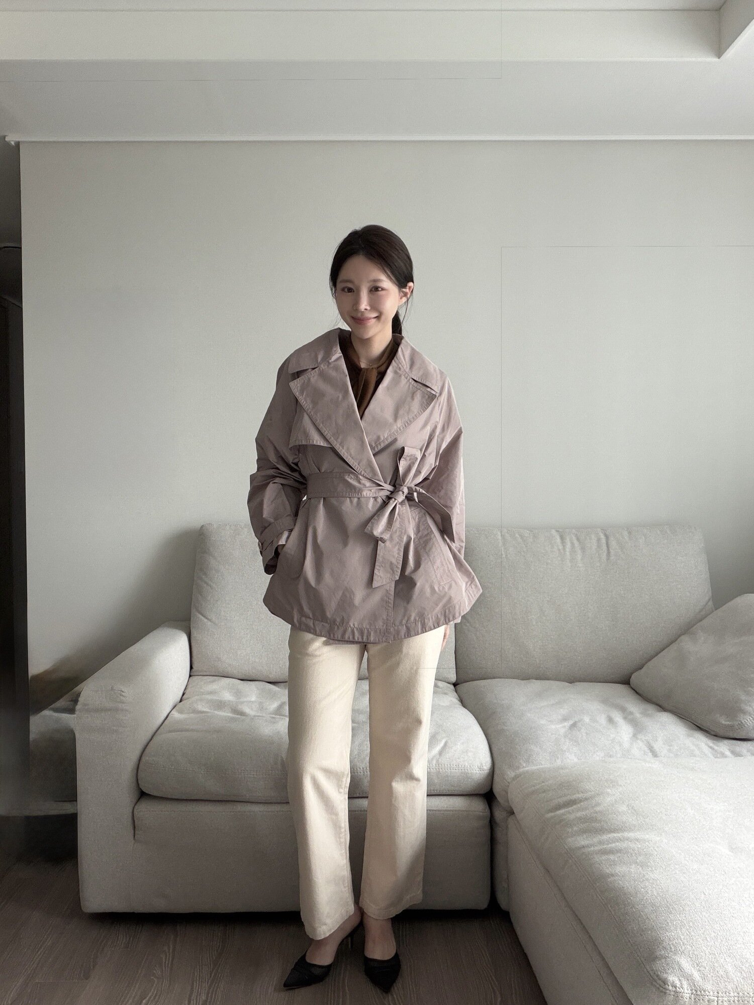 와이드 칼라 하프 트렌치 코트 (DARK BEIGE)