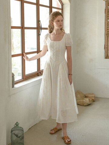 PM_Square neck floral dress_IVORY