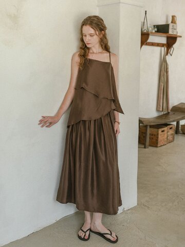 PM_Satin layered top and skirt set_BROWN