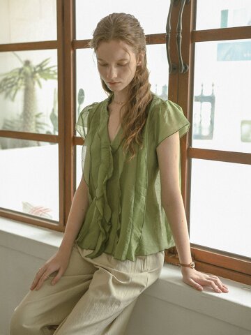 PM_Ruffle trim chiffon blouse_GREEN