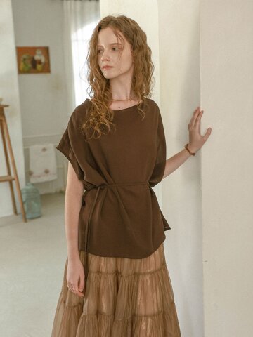 PM_Cap sleeve belted blouse_BROWN