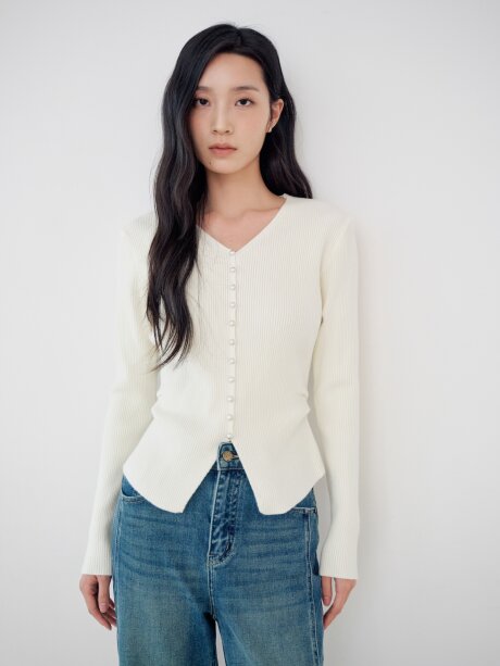 골지 글리터 버튼 브이넥 니트 