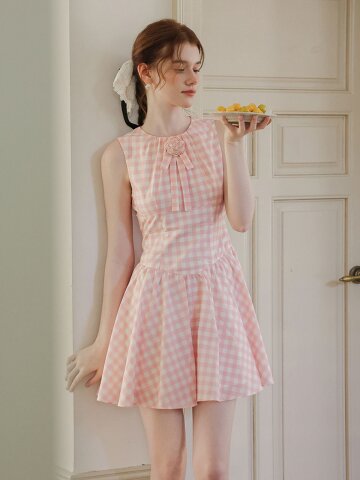 Cest_Gingham sleeveless mini dress