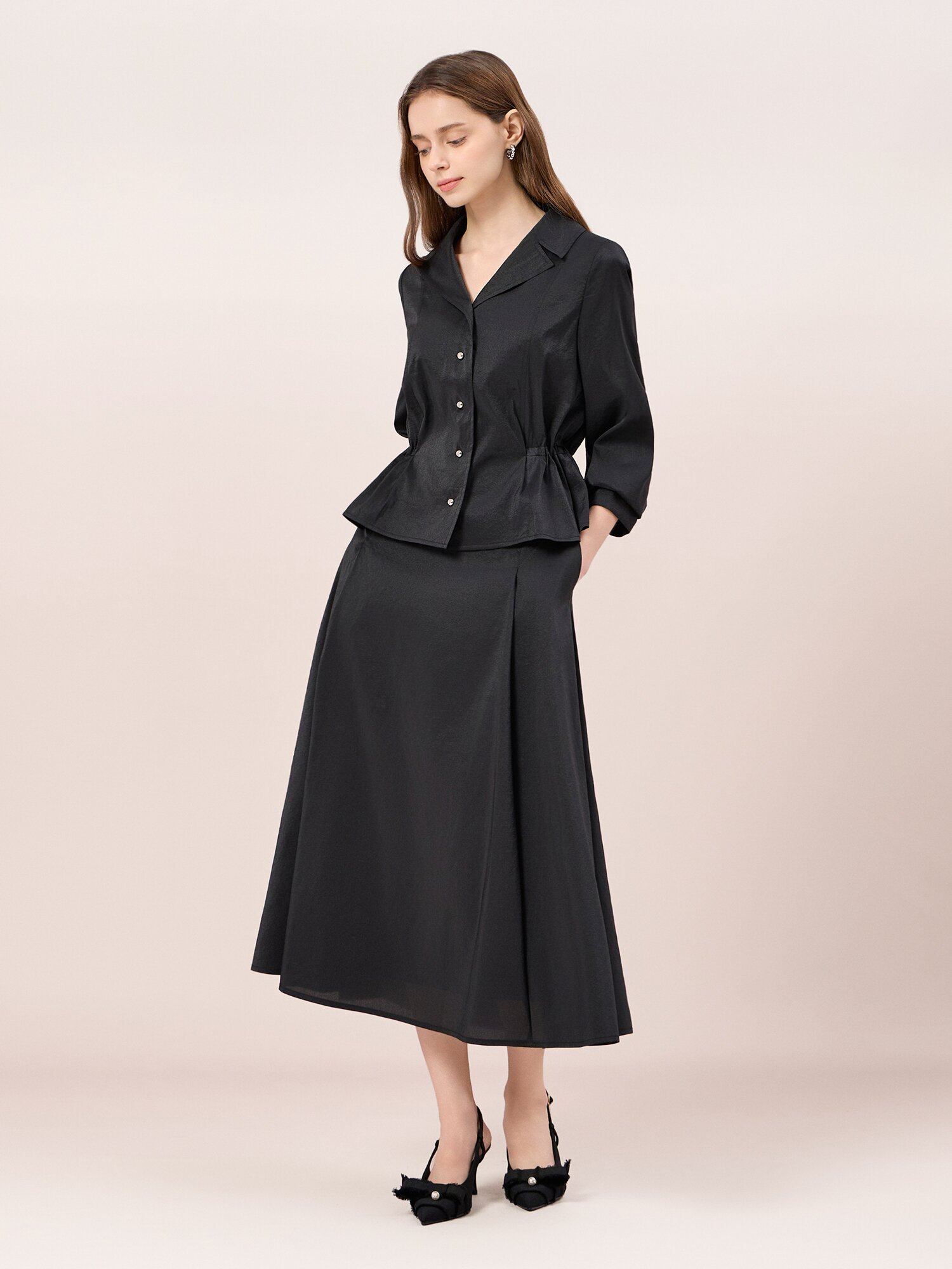 턱 플레어 롱 스커트 (BLACK)