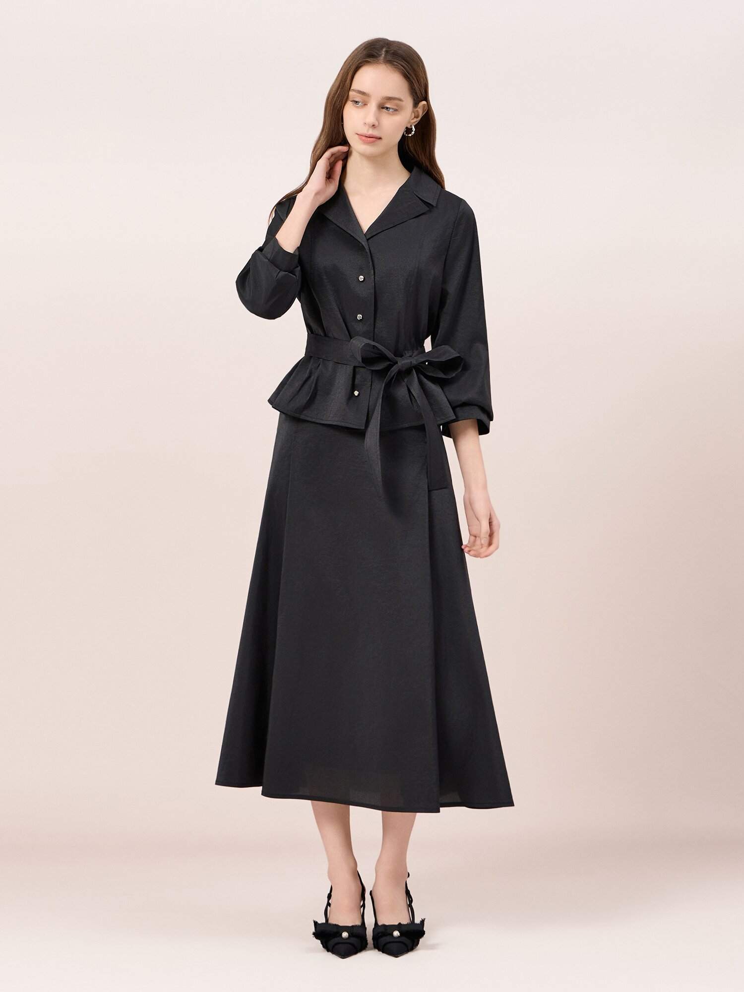 턱 플레어 롱 스커트 (BLACK)