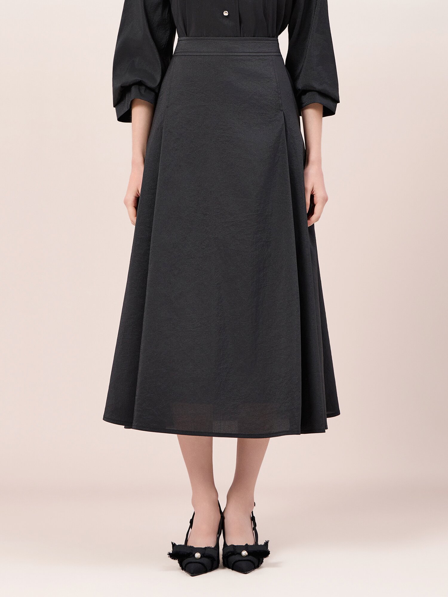 턱 플레어 롱 스커트 (BLACK)