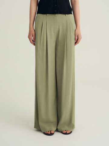 Linen Tuck Detail Wide Pants_Olive Khaki