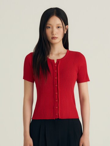 Linen Ribbed Short-Sleeve Knit Cardigan_Red