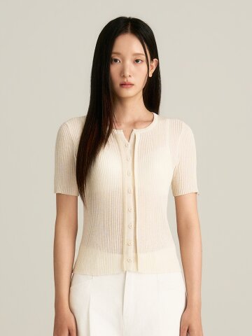 Linen Ribbed Short-Sleeve Knit Cardigan_Ivory