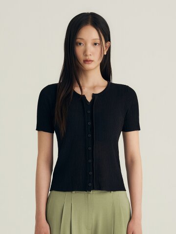 Linen Ribbed Short-Sleeve Knit Cardigan_Black
