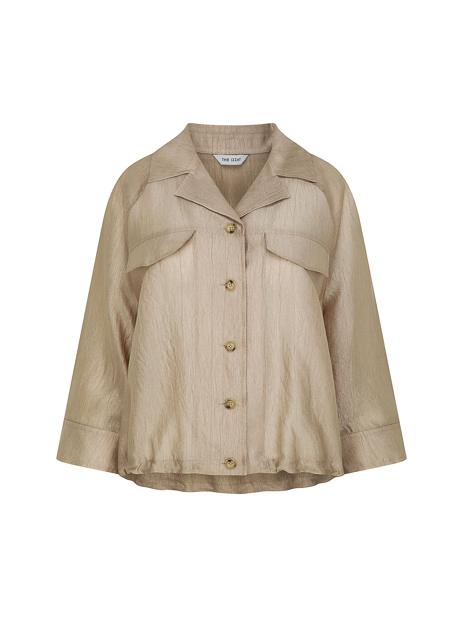 실키 스트링 오픈 칼라 블라우스 (BEIGE)