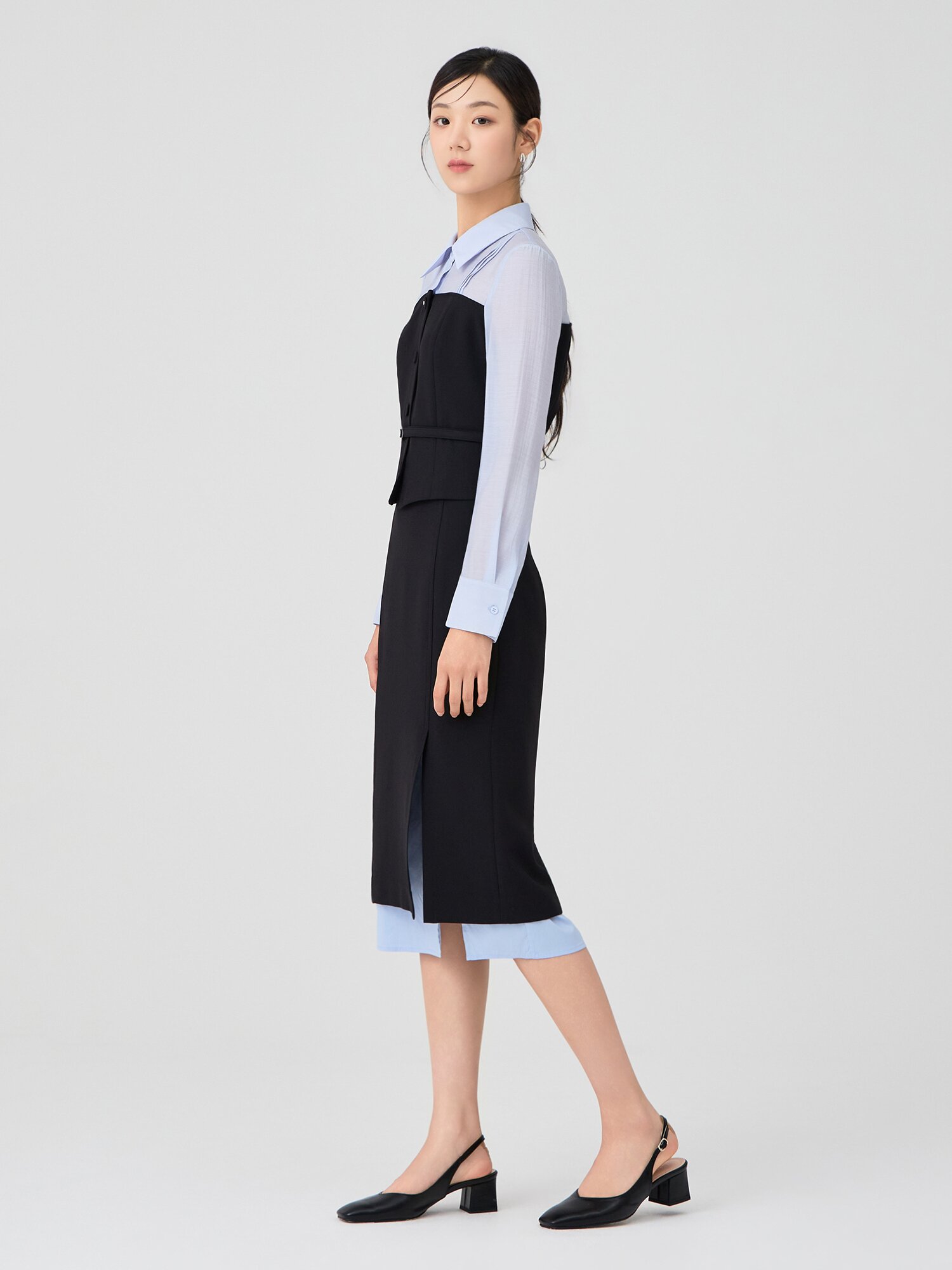 레이어 배색 슬릿 H라인 스커트 (BLACK)
