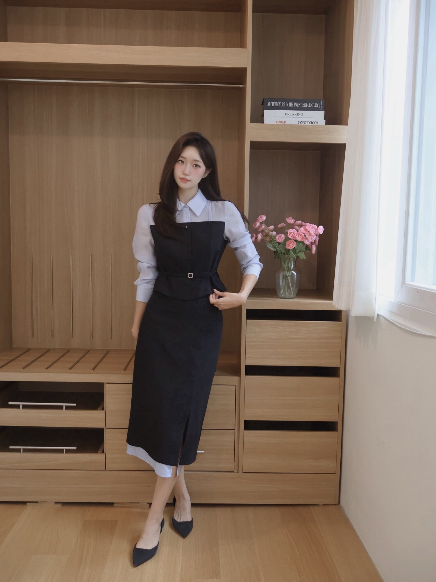 레이어 배색 슬릿 H라인 스커트 (BLACK)