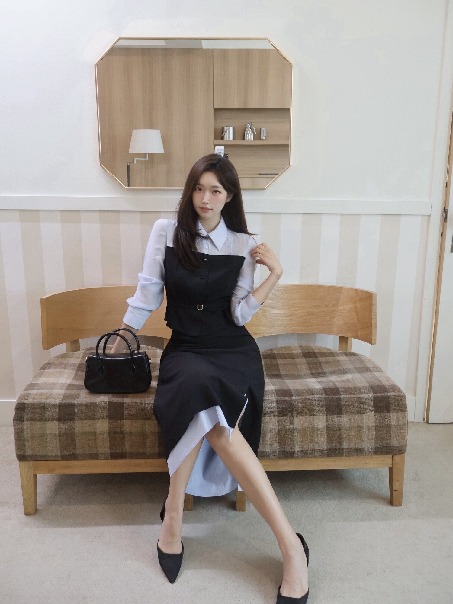 레이어 배색 슬릿 H라인 스커트 (BLACK)