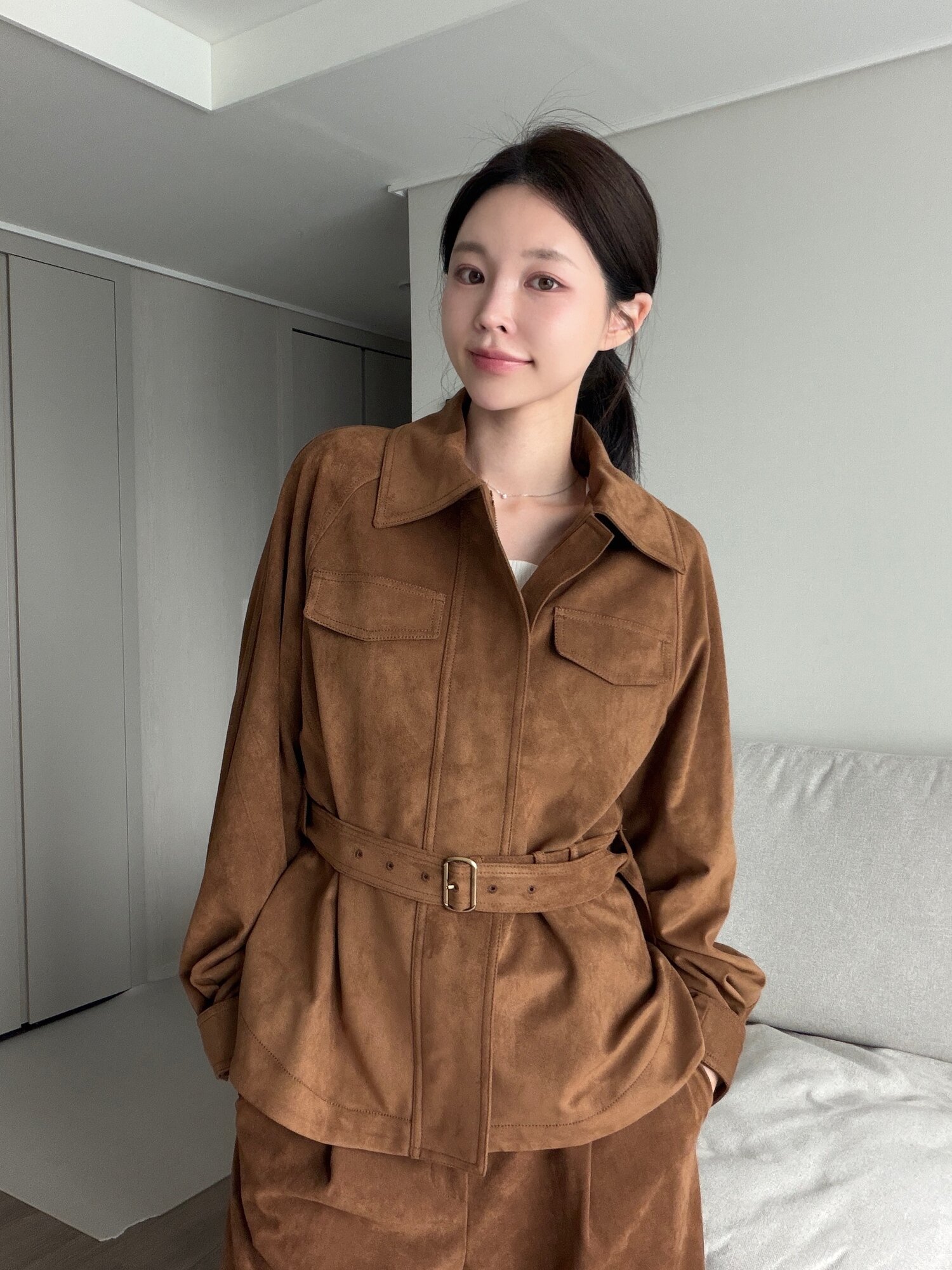 스웨이드 래글런 집업 셔츠 점퍼 (CAMEL)