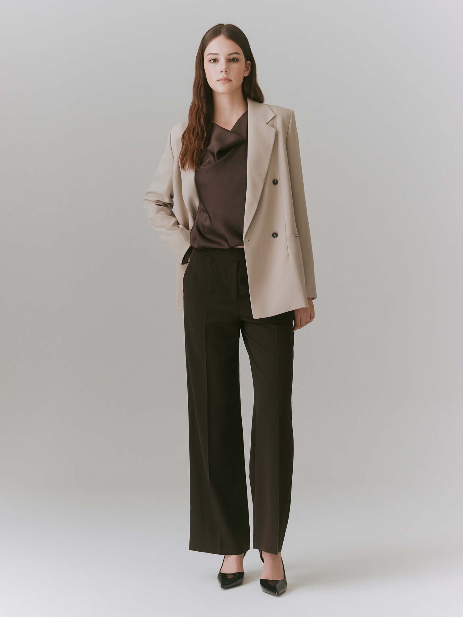 백 밴딩 와이드 일자핏 팬츠 (BROWN)