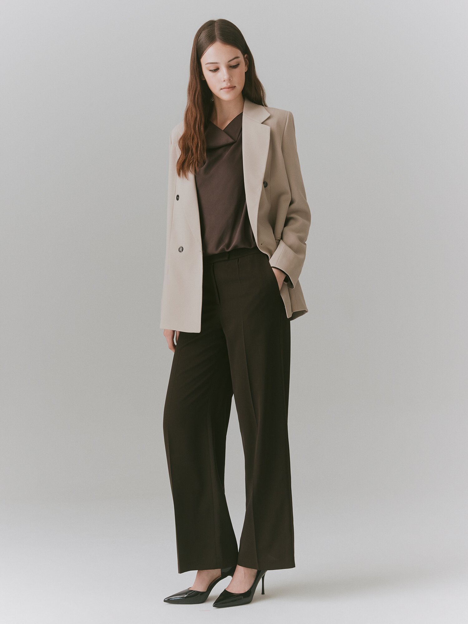 백 밴딩 와이드 일자핏 팬츠 (BROWN)