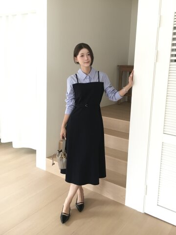 셔츠 배색 뷔스티에 플레어 원피스 