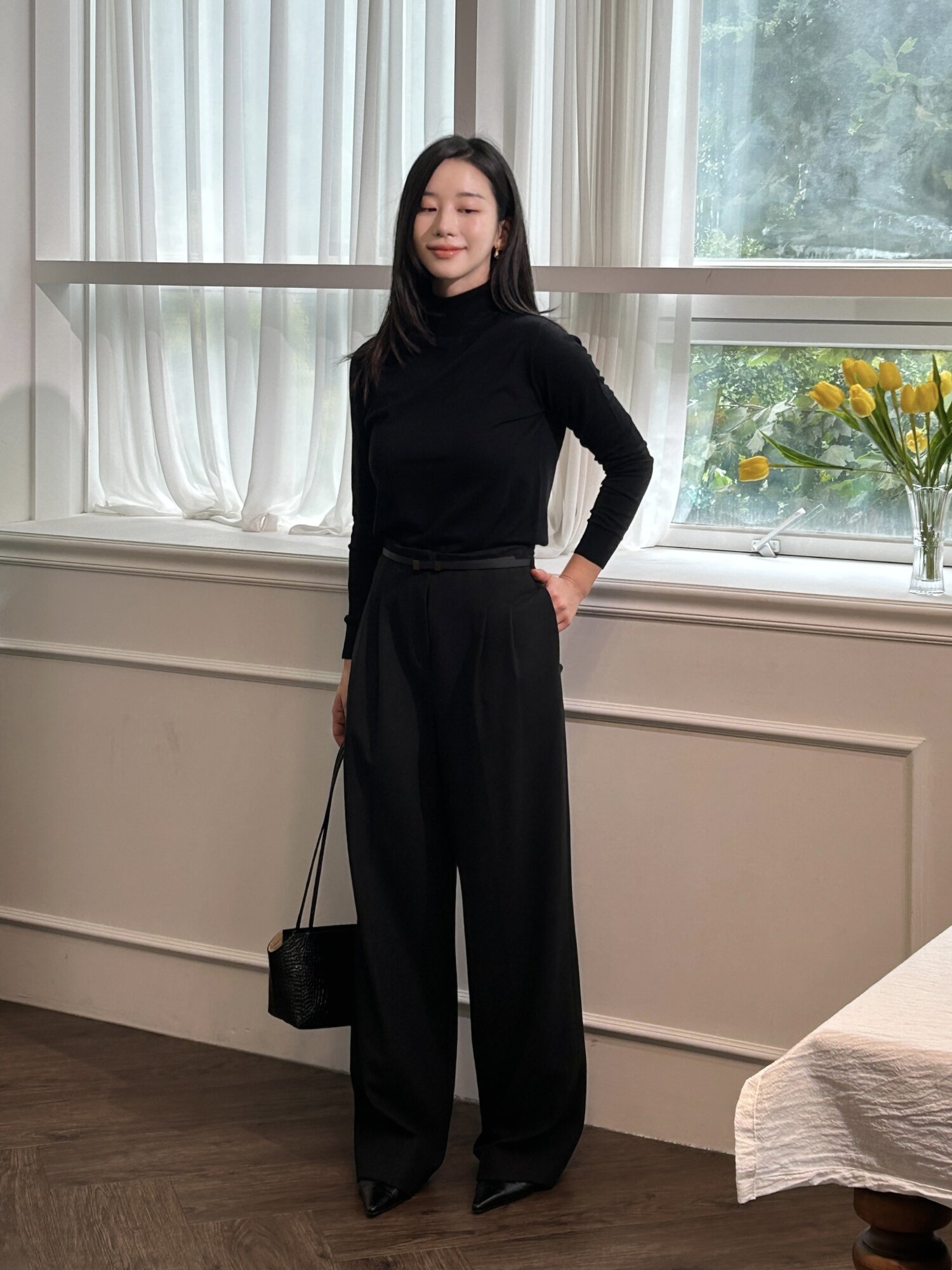 투턱 하이 웨이스트 와이드 팬츠 (BLACK)